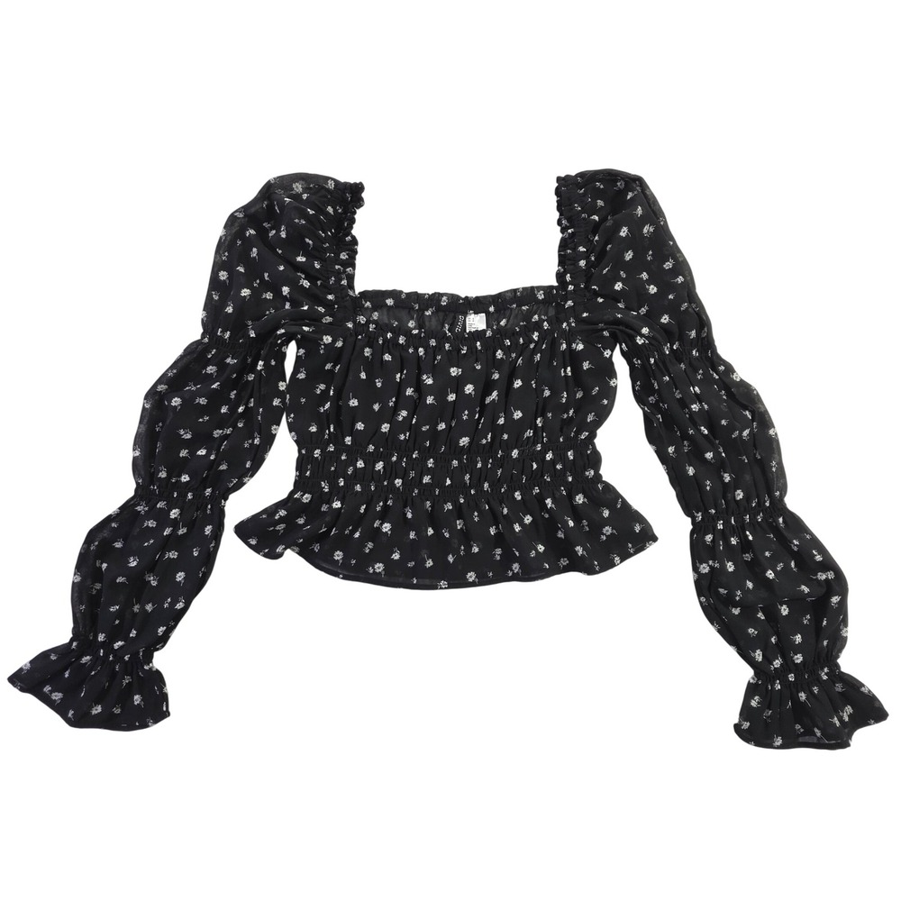 H&M Divided Black Floral Smocked Peplum Top Puff Sleeve Square Neck Blouse EUC S